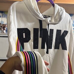 Victoria's Secret White Hoodie with Black and Rainbow Accents